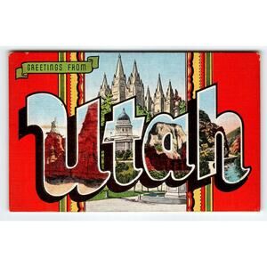 Greetings From Utah Large Big Letter Postcard Linen EC Kropp Vintage Unused
